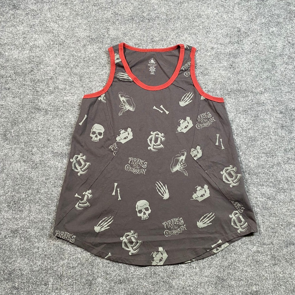 Disney Pirates of the Caribbean Tank Top Gray Red Trim Skull Print Small